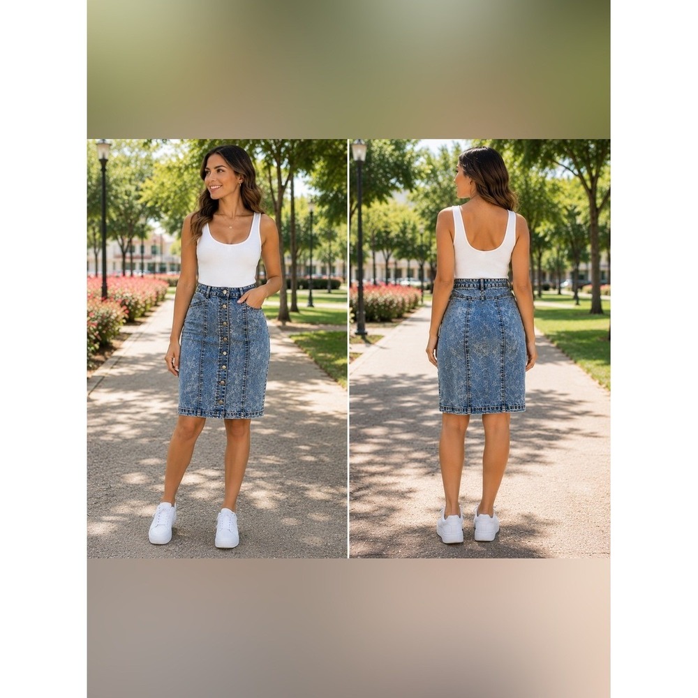 Marilyn Monroe XS Blue Acid Wash Stretch Button Front Denim Skirt